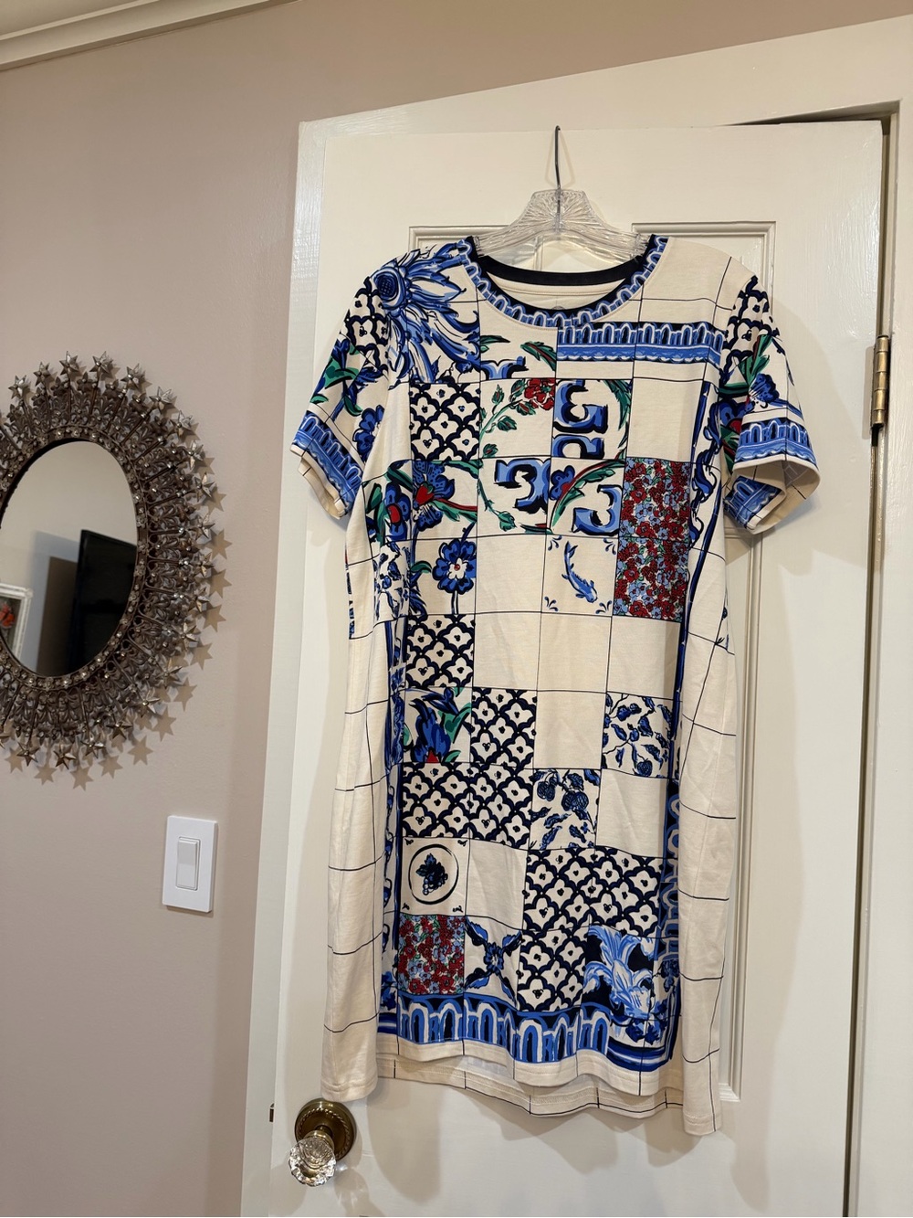 Tory Burch Blue and Cream Patchwork Tile Short Sleeve Mini Dress